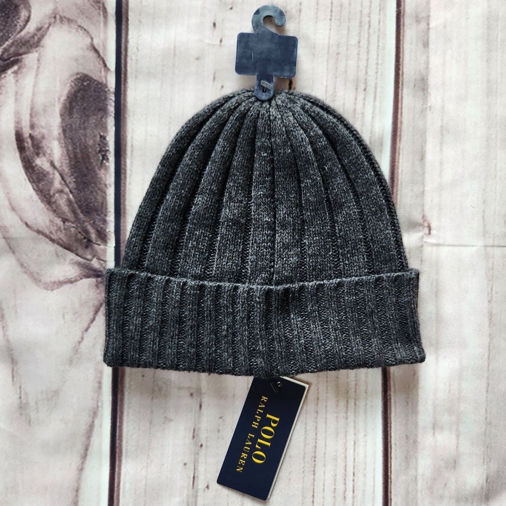 NWT Polo Ralph Lauren Beanie Wool Blend Rib Knit Cuff Pony Logo Dark Grey Unisex - Picture 3 of 5